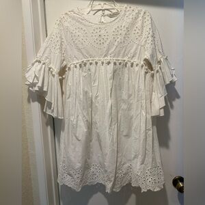 Zara White Openwork Embroidered Dress w Ruffled Sleeves Babydoll Boho Pompom M